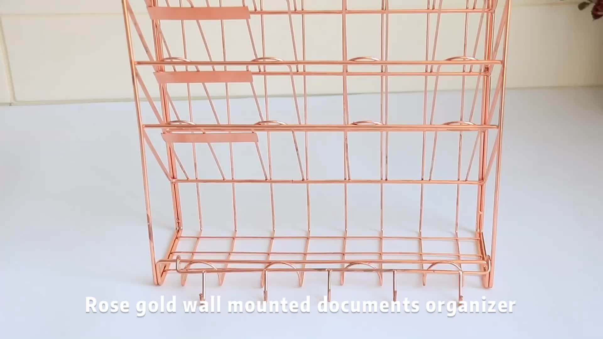 Wideny Office 5 Pocket Rose Gold Letter Organizer Metal Wire Mesh Wall