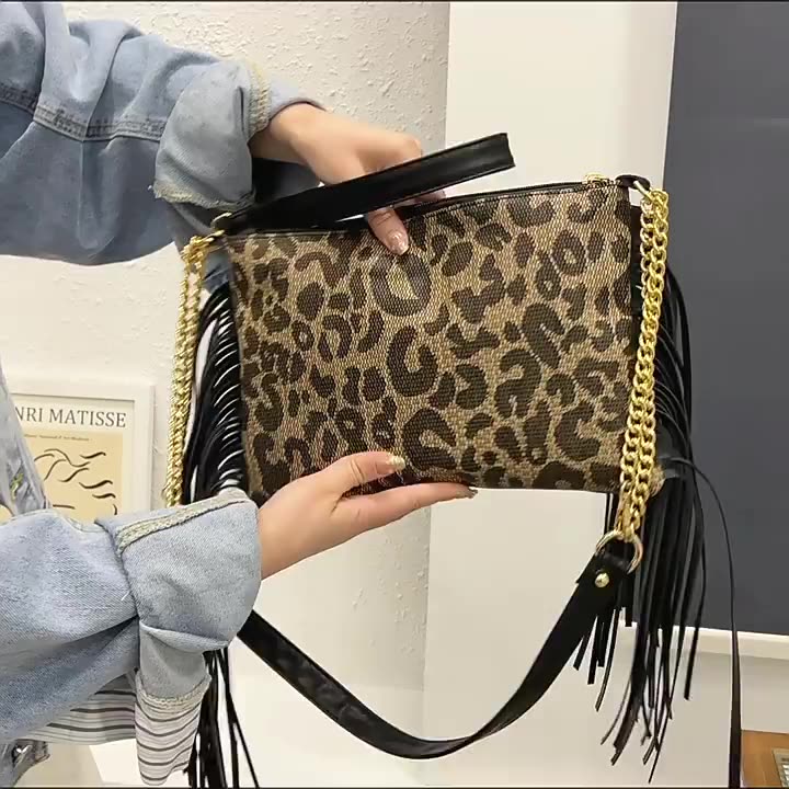 Source Bolso cruzado con estampado de leopardo y pata gallo para mujer, bolsa de cadena con flecos, con logotipo personalizado, venta al por mayor fábrica on m.alibaba.com