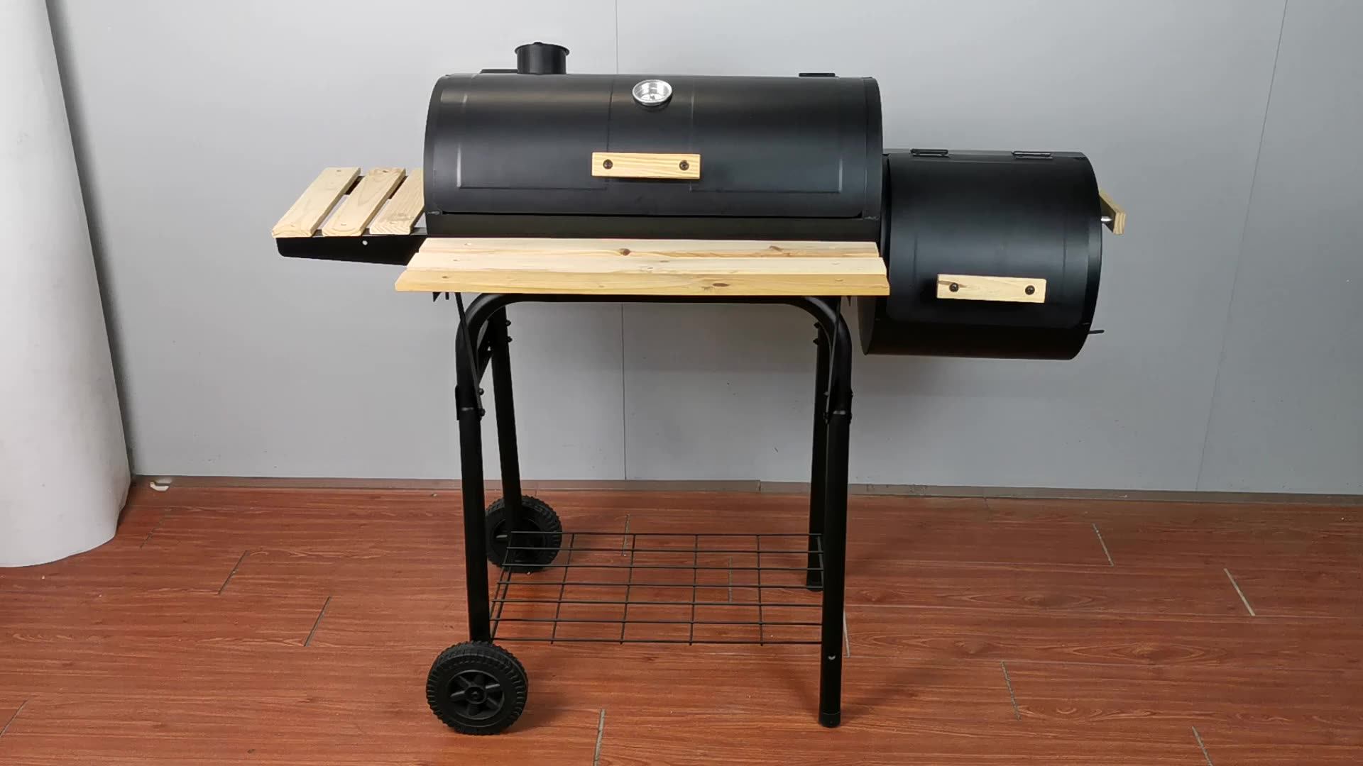 Round Double Barrel Portable Gas Charcoal Bbq Barbecue Oven With Grill