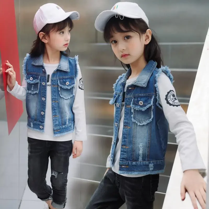 Foreign trade wholesale Spring and Autumn New Korean girls vest coat solid color fur denim vest children's short cardigan
