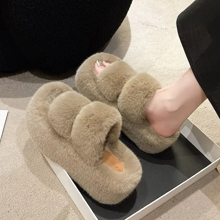 Slippers platform, demi-season fleece keep warm footwear, internet celebrity, 7cm, plus size, for teenagers
