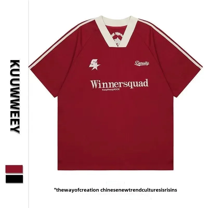 American-style oversize streetwear men's T-shirt, V-neck loose half-sleeve T-shirt with a trendy, Insta-inspired, sporty vibe