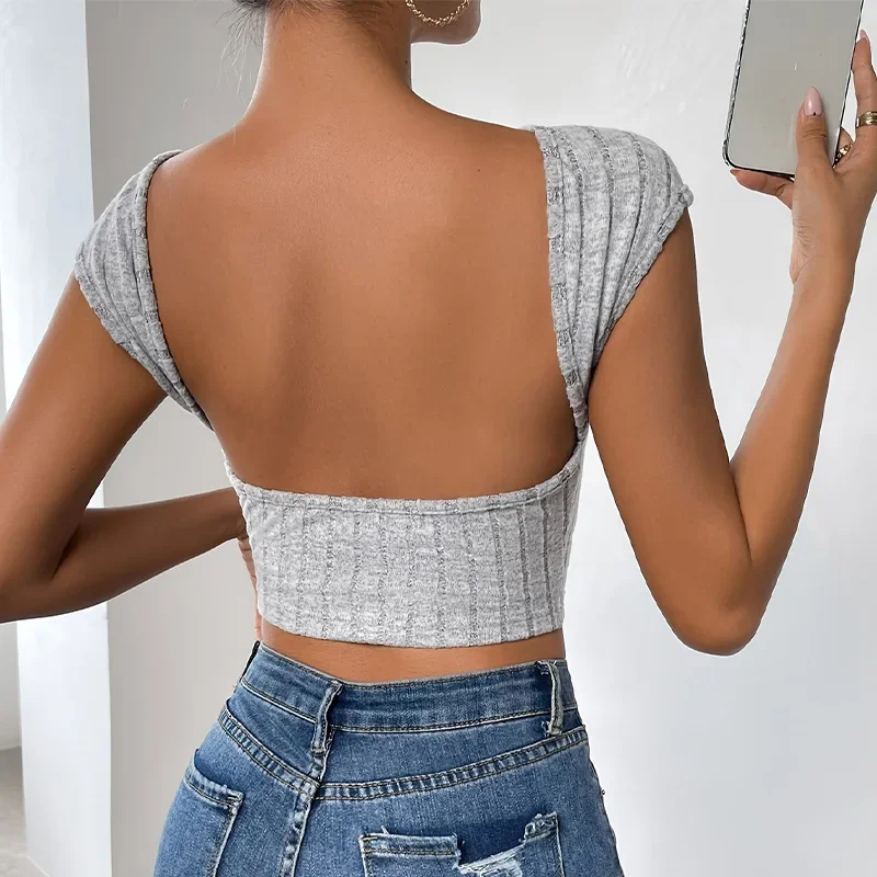 Women's Summer T-Shirt Sexy Open-Back Cropped Knit Top Polyester Fiber Round Neck Slimming Effect