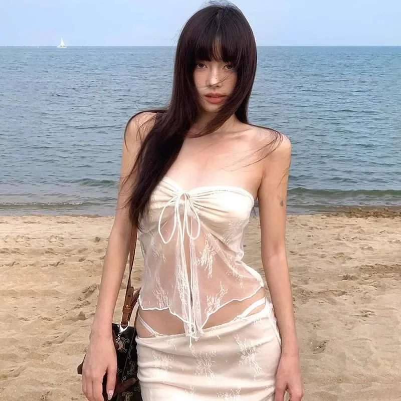Thailand Niche High-end Lace Tube Top Split Bikini Island Vacation Sexy Slimming Long Dress Hot Spring Swimsuit