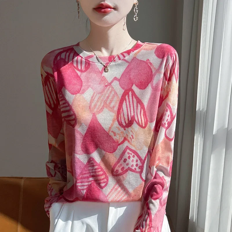 Factory wholesale 2025 spring and summer new thin tie-dye printed bottoming shirt women's inner long sleeve shirt small shirt women