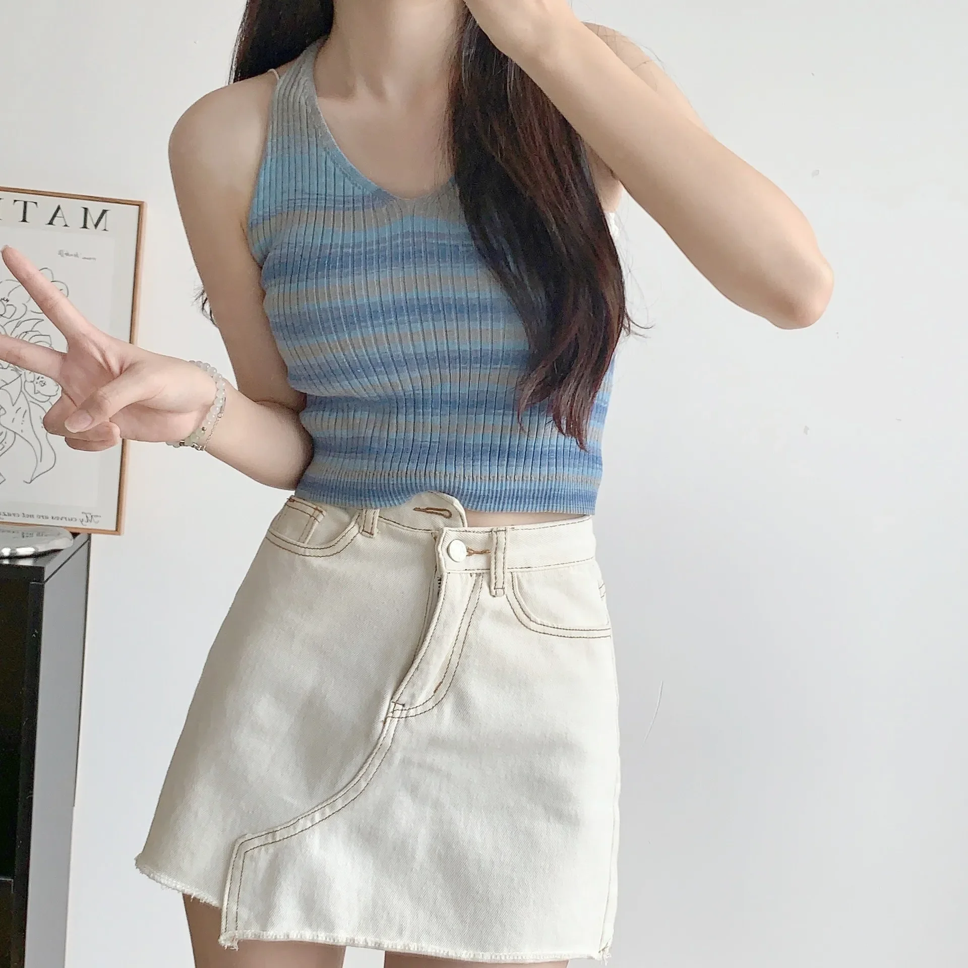 White design knitted spring summer short base short sleeve T-shirt