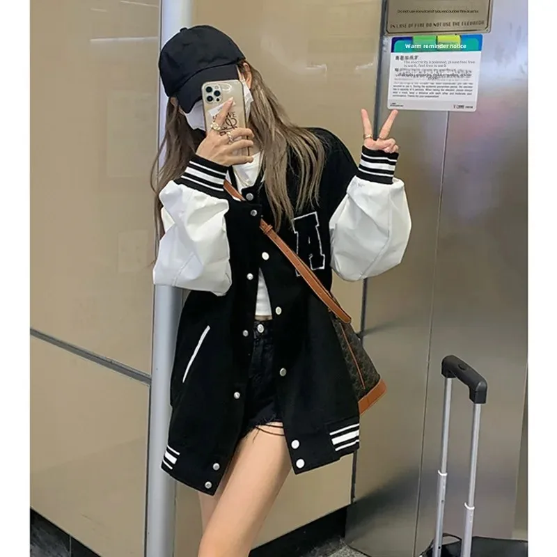 Vintage American Letter Embroidered Women's Baseball Jacket 2025 Autumn New Loose Matchy-Matchy Color Block Jacket Top