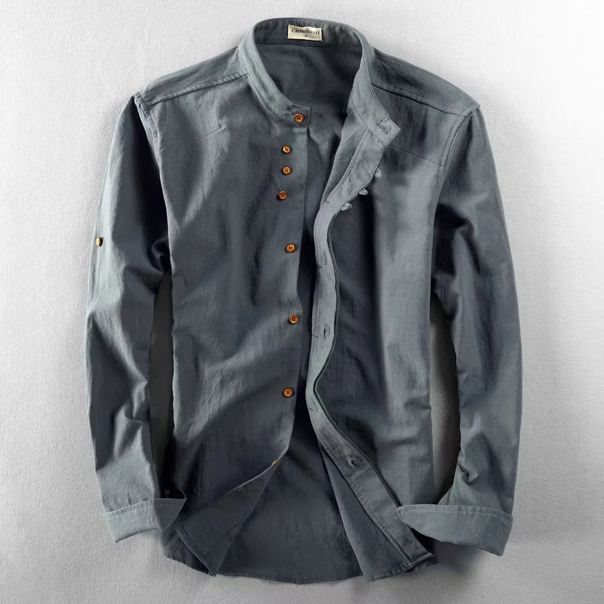 2025 a large number of in stock cross-border European and American men's new linen cotton men's shirt stand collar buried clip casual shirt