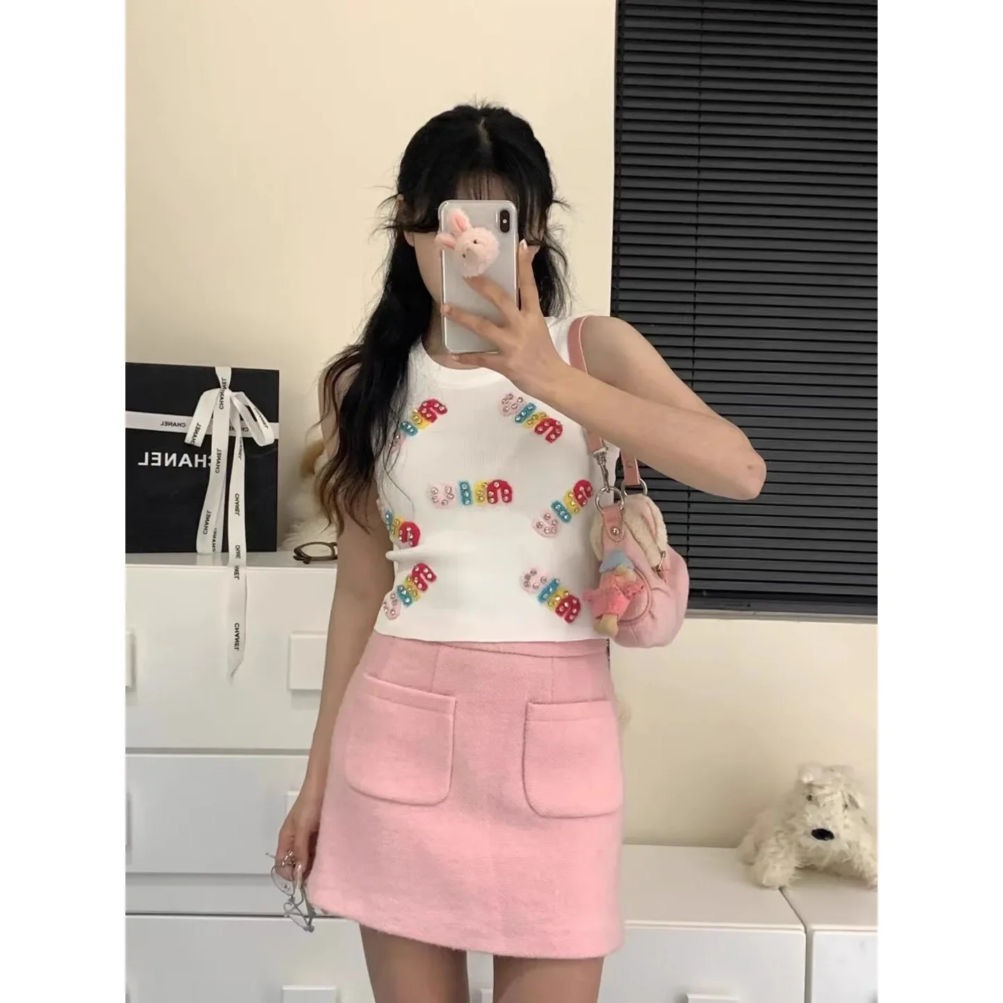 Summer Colorful Diamond-embroidered Knit Tank Top Sleeveless Short Style Slimming Small Figure T-shirt Fashion and Trendy