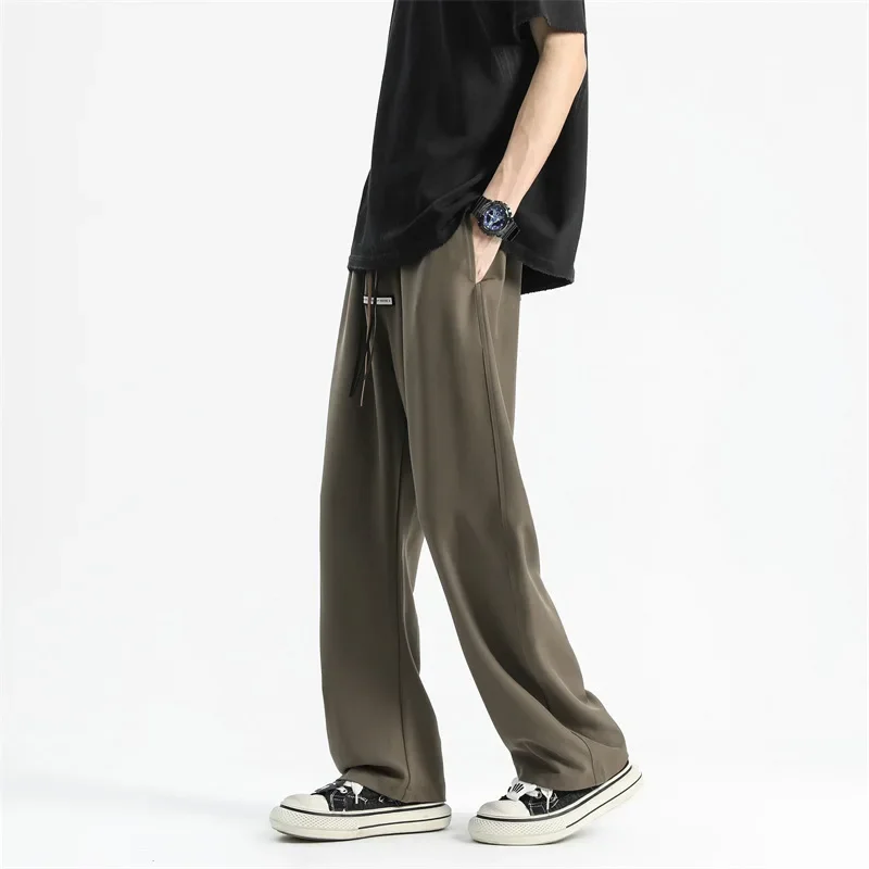 LKTM Men's Summer Three-Way Stretch Casual Wide-Leg Straight-Tapered Long Pants with Lightweight Breathable Ice Silk Drape