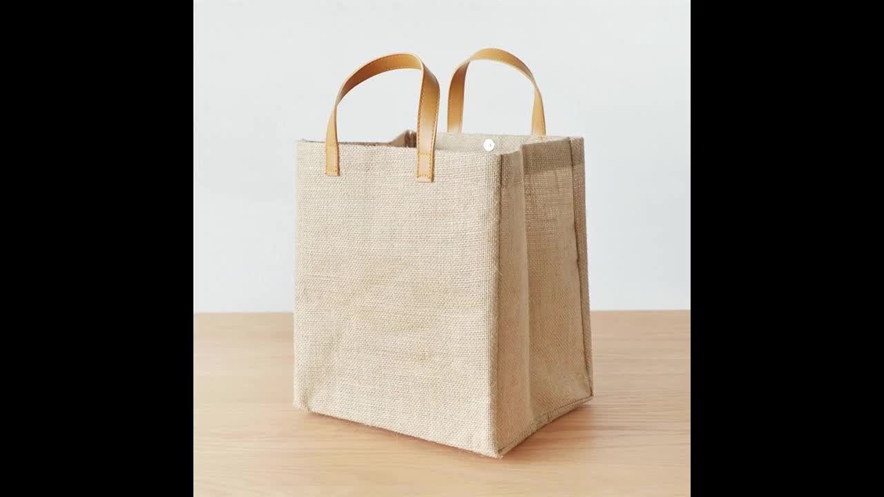 Reusable Recycled Jute Tote Bag With Leather Handle