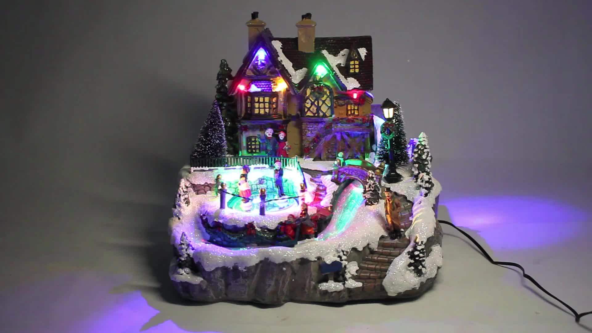 Noel Polyresin Led Music Decor Fiber Optic Christmas Village Houses