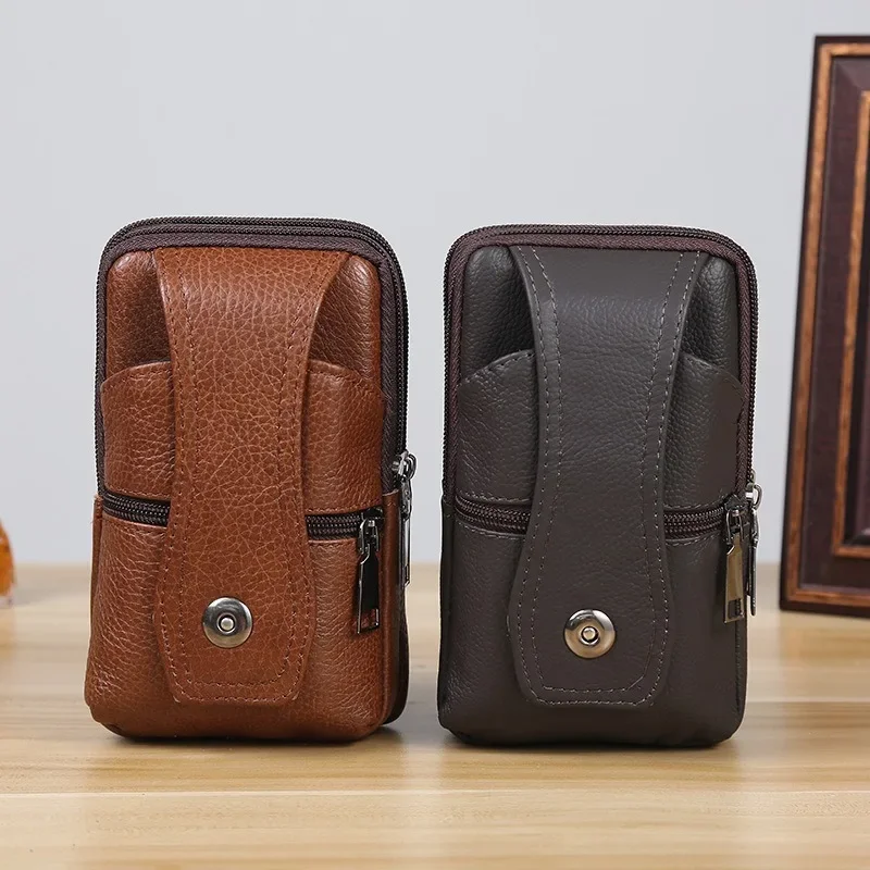 2025 new men's mobile phone bag cowhide business bag vertical multi-functional card bag wearable belt manufacturers wholesale