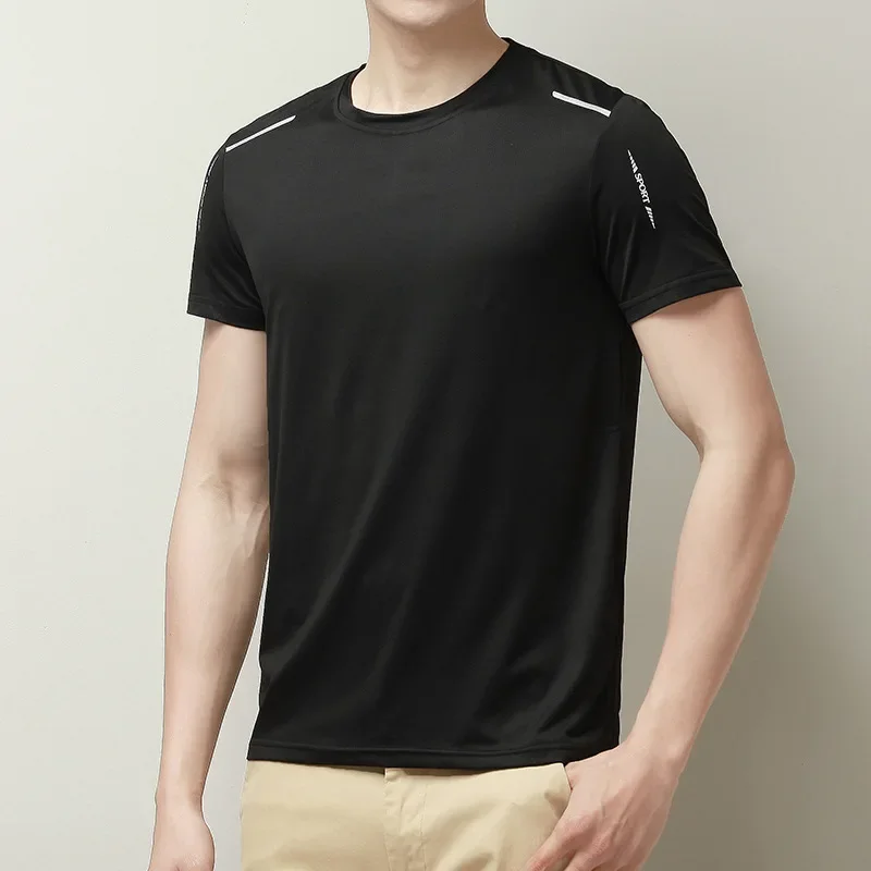 Men's Ice Silk Short-Sleeve T-Shirt, Summer Pure Color Loose Breathable High-Elastic Quick-Dry Sports Casual Men's T-Shirt