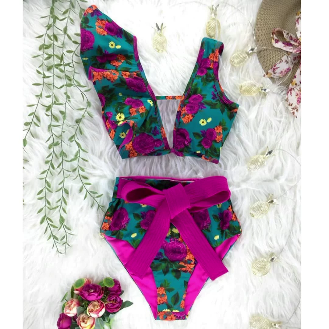 swimwear Swimsuit 2021 Summer New Bikini Set Ruffled Women Floral Swimwear Sexy Print V-Neck Beach Bathing High Waist Biquinis Two Piece swimsuits for women