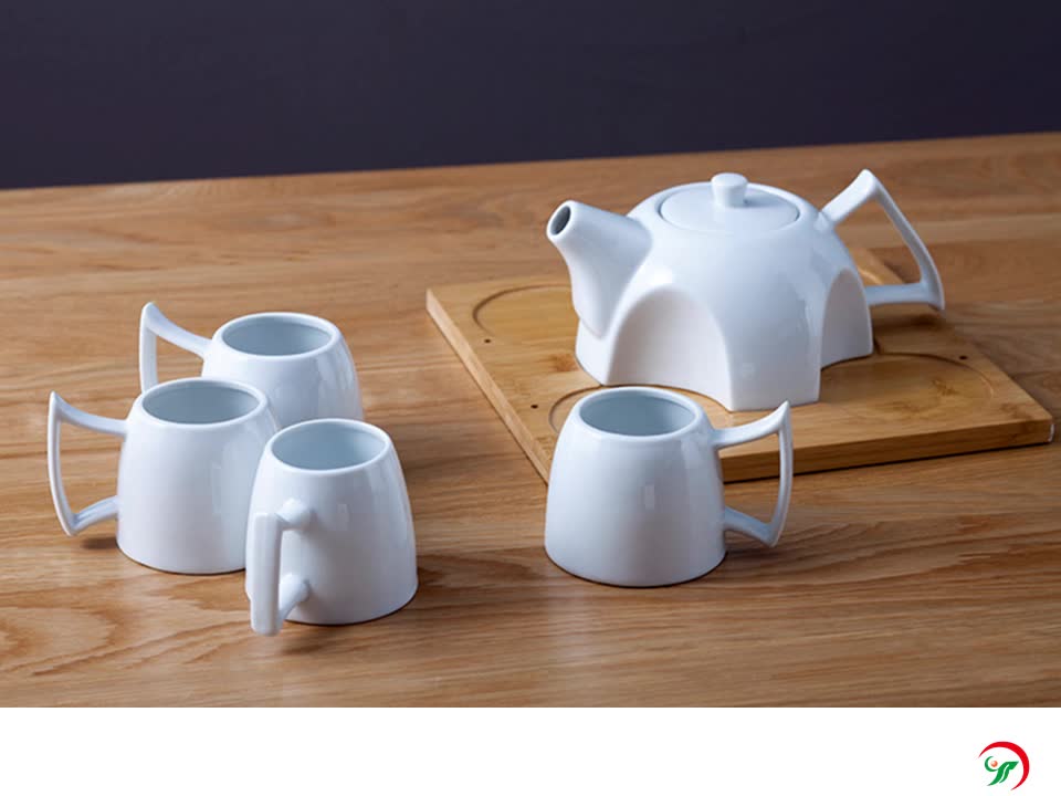 Porcelain Tea Cup Set With Bamboo Tray One Teapot Four Tea Cup Home