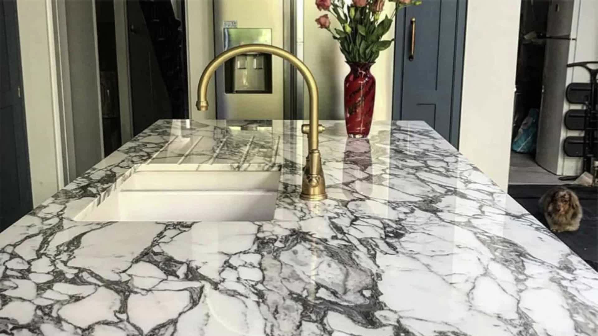 Customized Size Polish Stone Arabescato White Kitchen Tops Marble