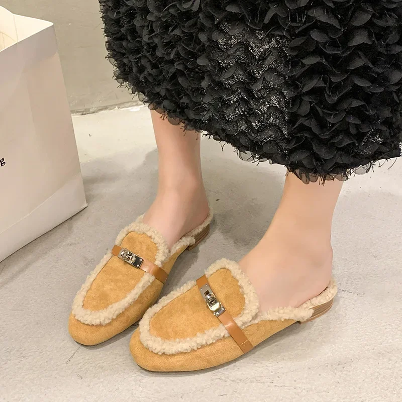 包頭半拖鞋女外穿秋冬保暖一腳蹬毛毛拖鞋平底