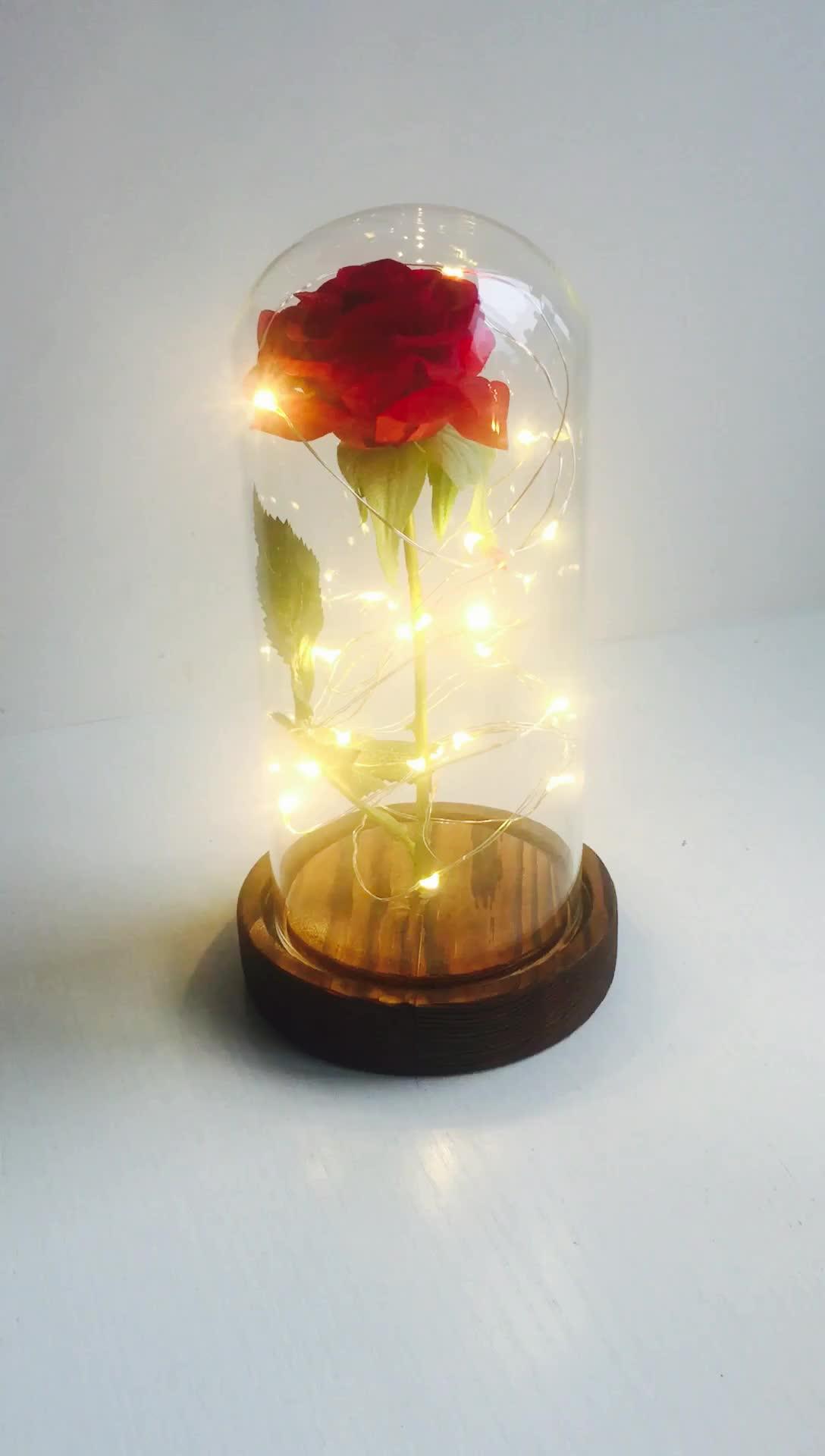 Red Rose In Glass With Wooden Bottom,Flower In Led Glass Dome Buy