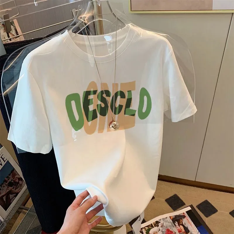Heavyweight Short Sleeve T-Shirt for Women, White Letter Print Short Sleeve T-Shirt for Men and Women, Summer Trendy Matchable Loose Couple Top