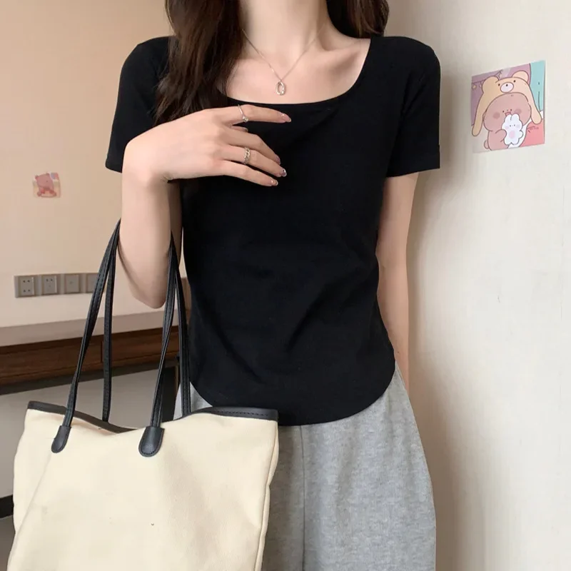 2025 Summer New Korean Style Short Sleeve T-Shirt for Women, Ins Inspired Unique Design Slimming Fit U-Neck Top, Direct Manufacturer Sale