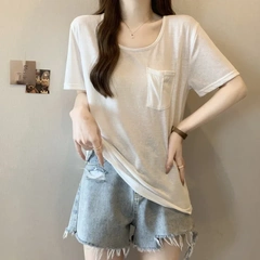 純棉竹節棉夏季薄款短袖T恤女休閒女裝口袋透氣防曬微透上衣批發