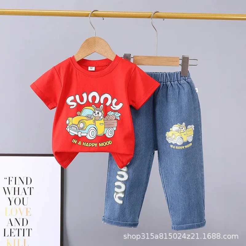 Летний детский denim комплект, мультяшные джинсы, с коротким рукавом, комплект из 2 предметов, 0-5 лет