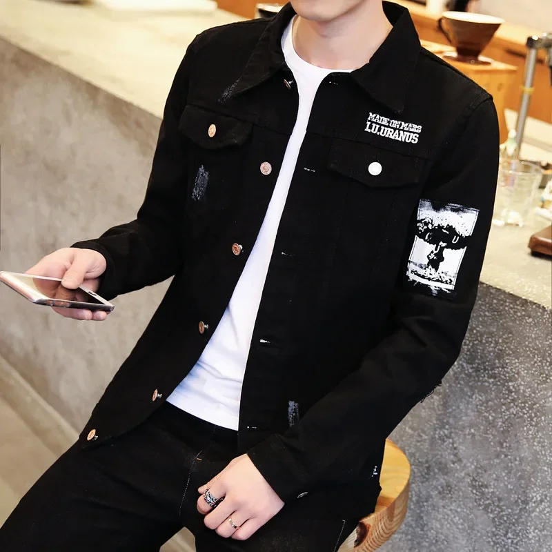 Autumn trend black denim jacket, 2018, Korean style, for teenagers, slim fit