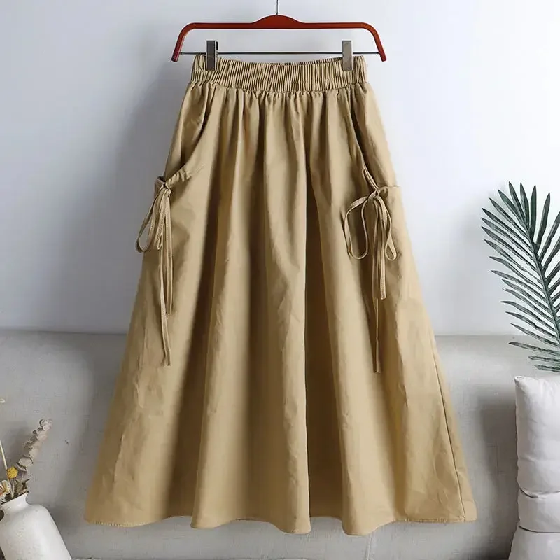 Drawstring Tooling Skirt Women's Spring and Autumn 2024 New High Waist A- Line Skirt Mid-Length Large Swing Umbrella Skirt