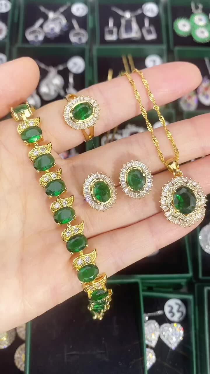 Gold Color Green Emerald Jewelry Sets For Women Wedding Open Ring