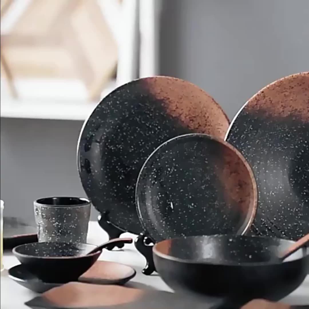 Wholesale Melamine Dinner Set Elegant Black Matte Dish Irregular Round