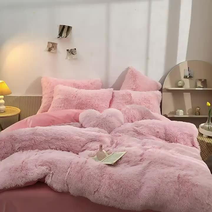 Long Plush Fluffy Faux Fur Shaggy Duvet Cover Flat Sheet Pillowcase