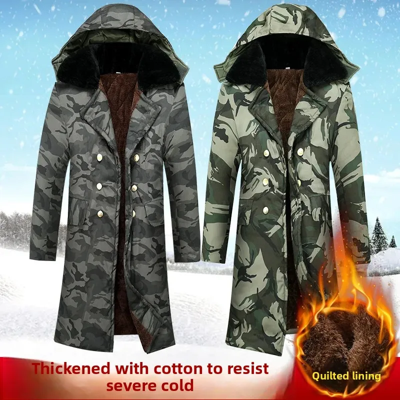 Extra Thick Military Coat Army Green Long fleece-lined Thickened Camouflage Cotton-padded Jacket Cold-proof Clothing for Cold Storage Labor Protection Work Cotton-padded Jacket