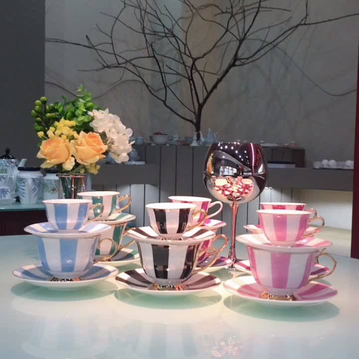 220ml Arab Arabic Modern Style Stripe Design Ceramic Coffee Cup Set With Saucer And Gold Handle