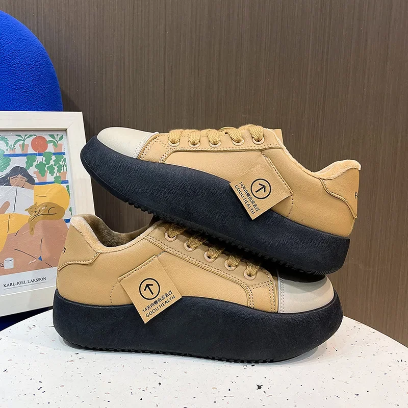 Low-top Bread Shoes Fleece-lined Thickened Sneakers Women's 2022 Autumn and Winter New Women's Shoes Thick Sole Increased Warm Casual Shoes