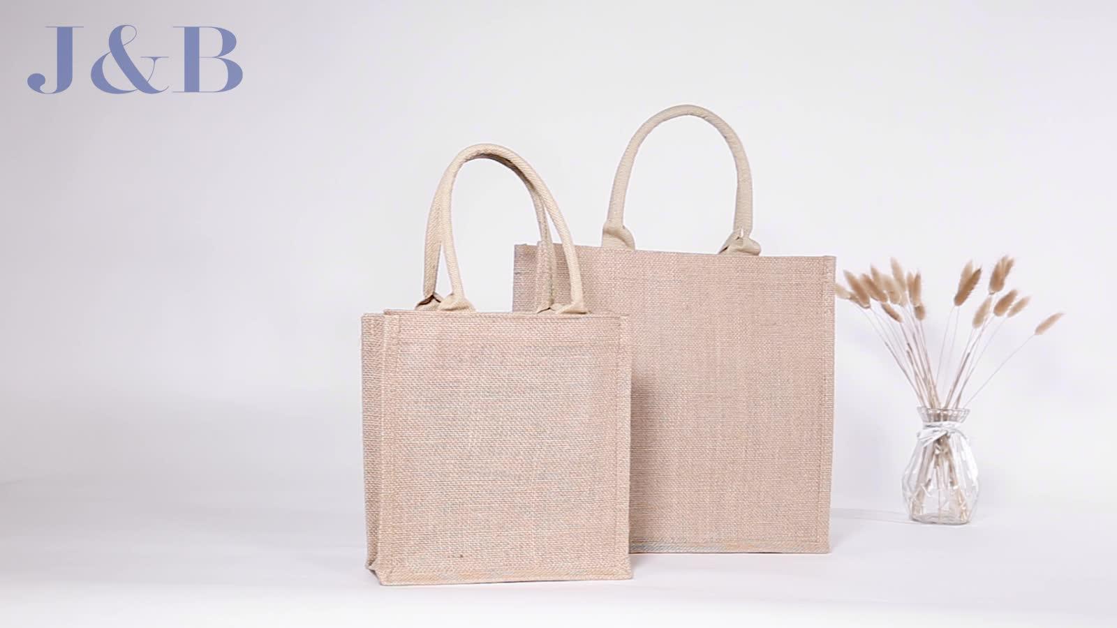 Natural Burlap Eco Friendly Shopping Bags Printed Button Jute Reusable