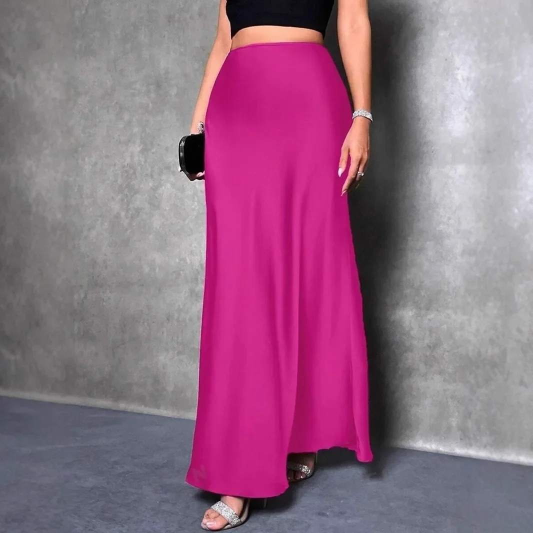 Women's and Girls' Summer New Cross-Border Import Polyester Satin Semi-Body Skirt, European and American Amazon Simple Simulated Silk Long Dress