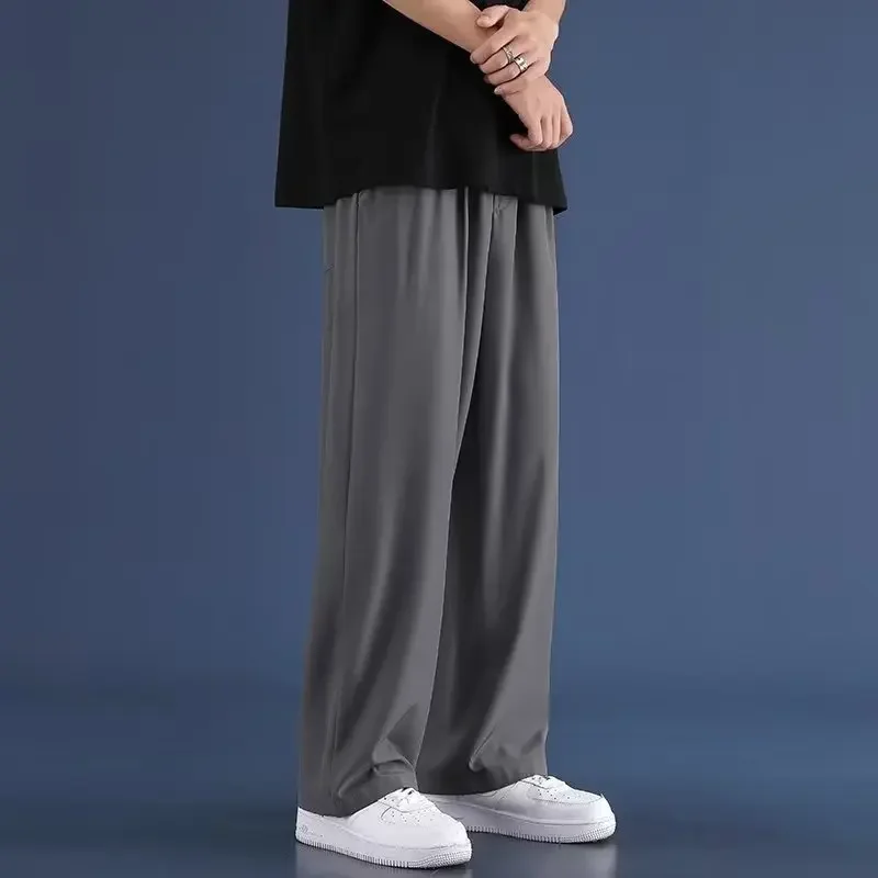 Men's Summer Thin Loose Fit Oversized Ice Silk Casual Straight Leg Elastic Quick-Dry Pants with Drooping Sensation