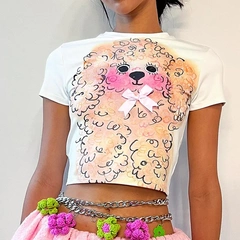 Q24TP224 European and American fashion niche design curly puppy printed T-shirt short navel top for women