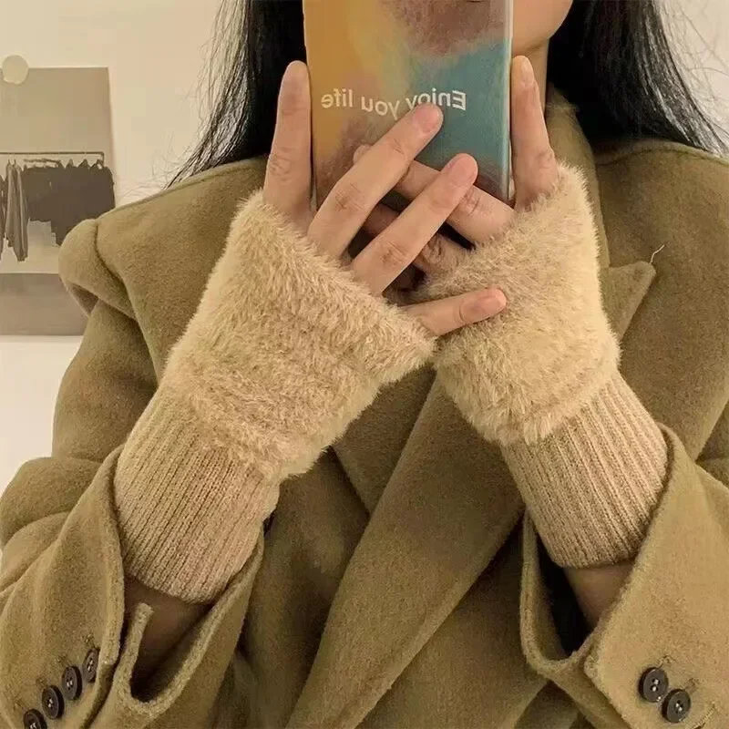 Demi-season knitted keep warm fleece gloves, internet celebrity, fingerless, wholesale