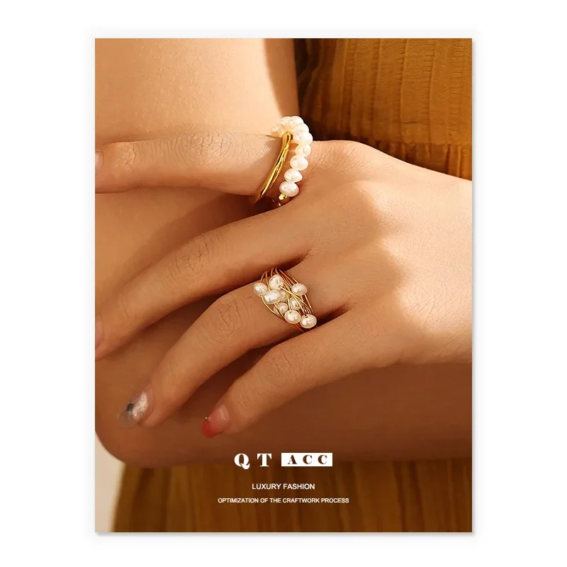 Brass retro elegant organic ring handmade pearl