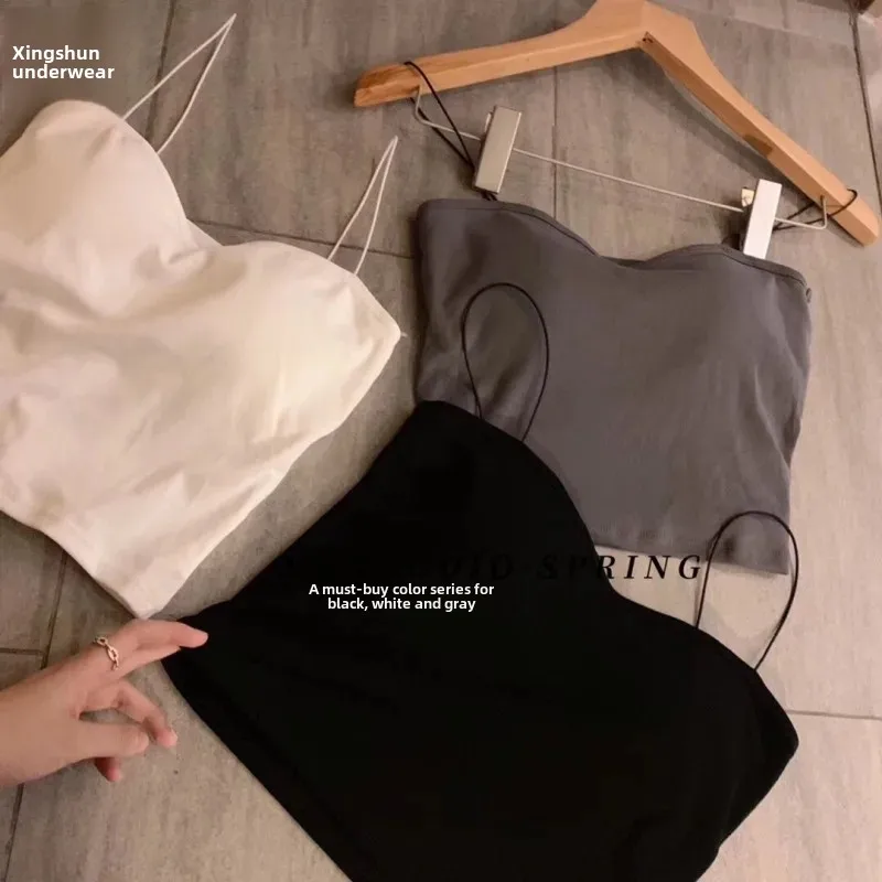 Oil painting Girl's small sling vest with chest pad inner base pure cotton tube top outer wear camisole women's summer