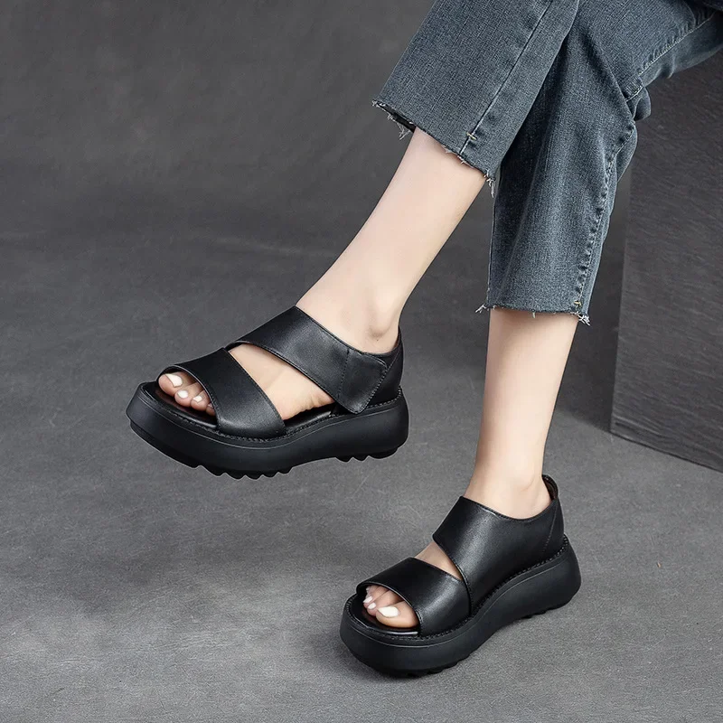 Shanghai Jie shu summer new platform low-top sandals top layer cowhide fish mouth Velcro retro style all-match women's shoes