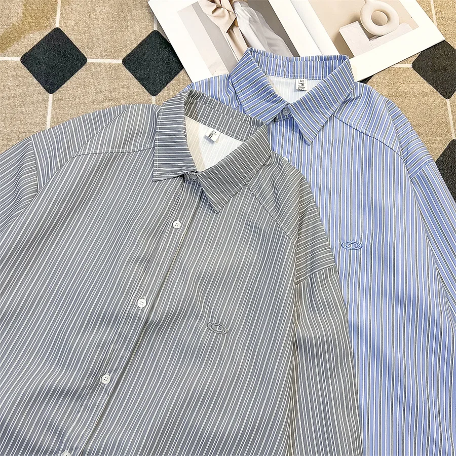 Retro blue demi-season autumn shirt, American style, oversize
