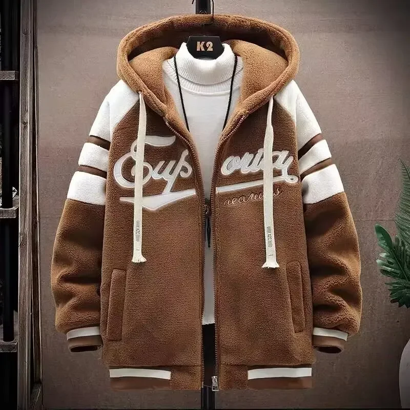 Autumn and Winter fleece-lined Lambskin Jacket Boys Autumn Student Thickened Sweatshirt Hooded Jacket Cotton-padded Jacket Youth Cotton-padded Clothes
