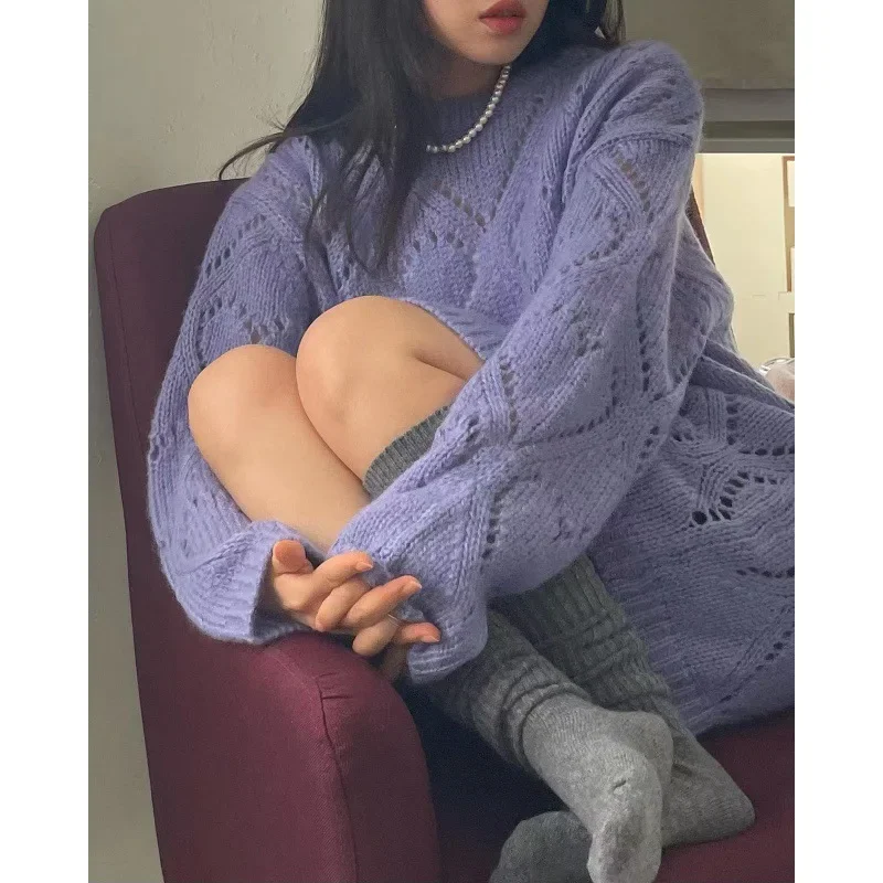 Knitted long-sleeve, sweater, round collar