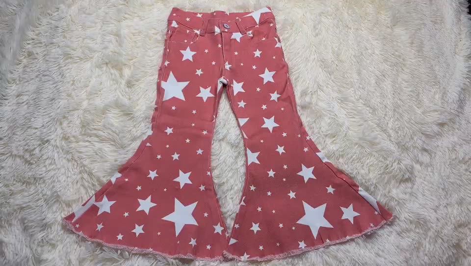 2020 New Kids Jeans Stars Printed Pink Bell Bottoms Baby Girls Jeans