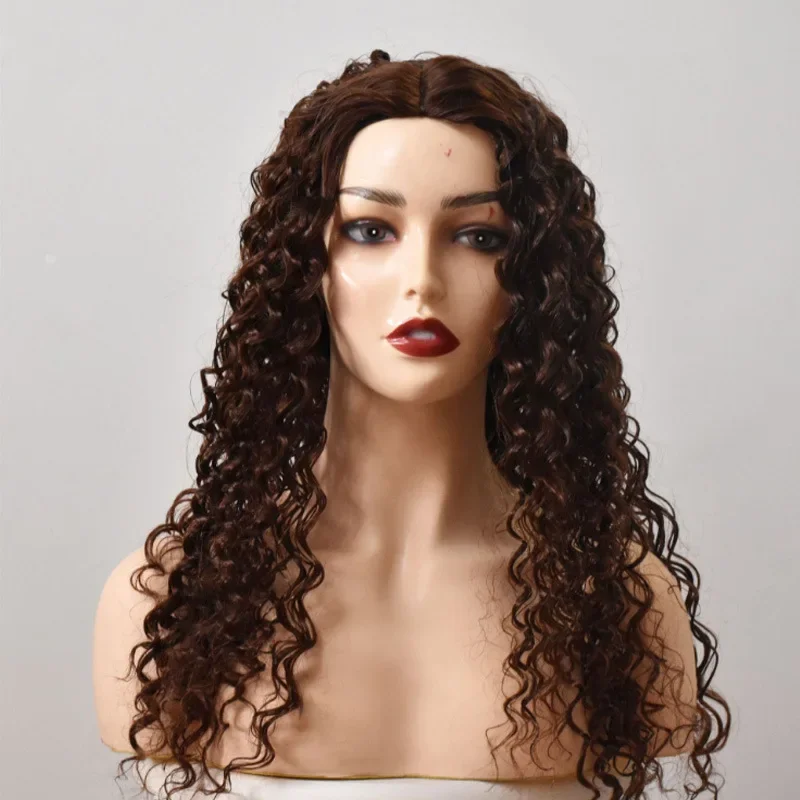 fashionable brown curly wig with hair parting