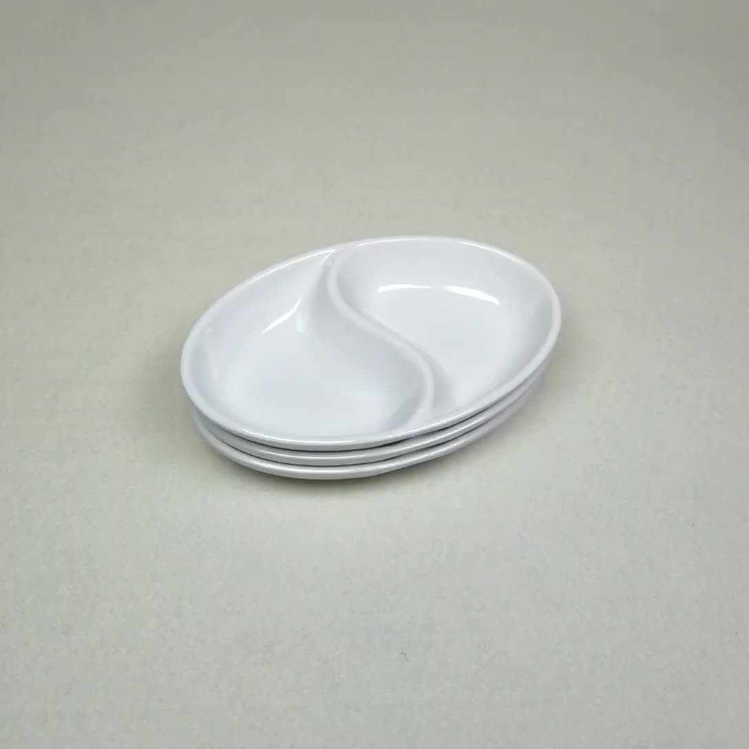 100 Melamine Unbreakable Plastic White 2 Compartments Soy Sauce Plate Divided Oval Dipping Dish