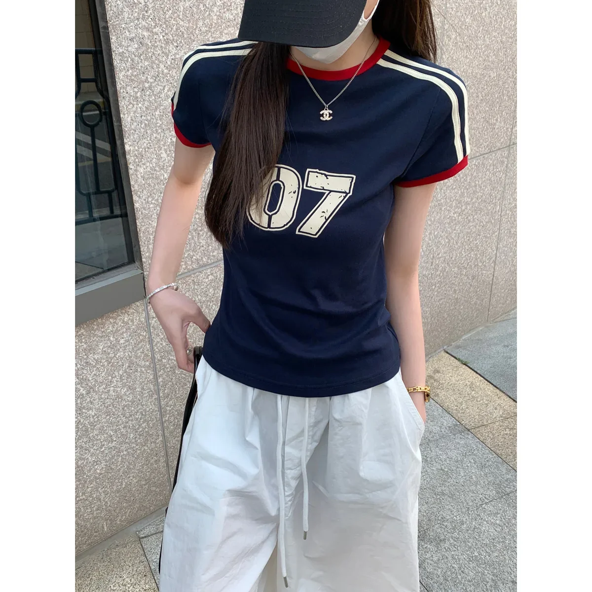 Cross-Border Export 2025 Summer Korean Style Slim Fit Contrasting Stripes American Digital Printed Short-Sleeved T-Shirt Top